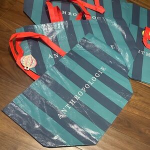 Set of 21 Anthropologie Teal and Navy Striped Totes with Red Handles & yellow